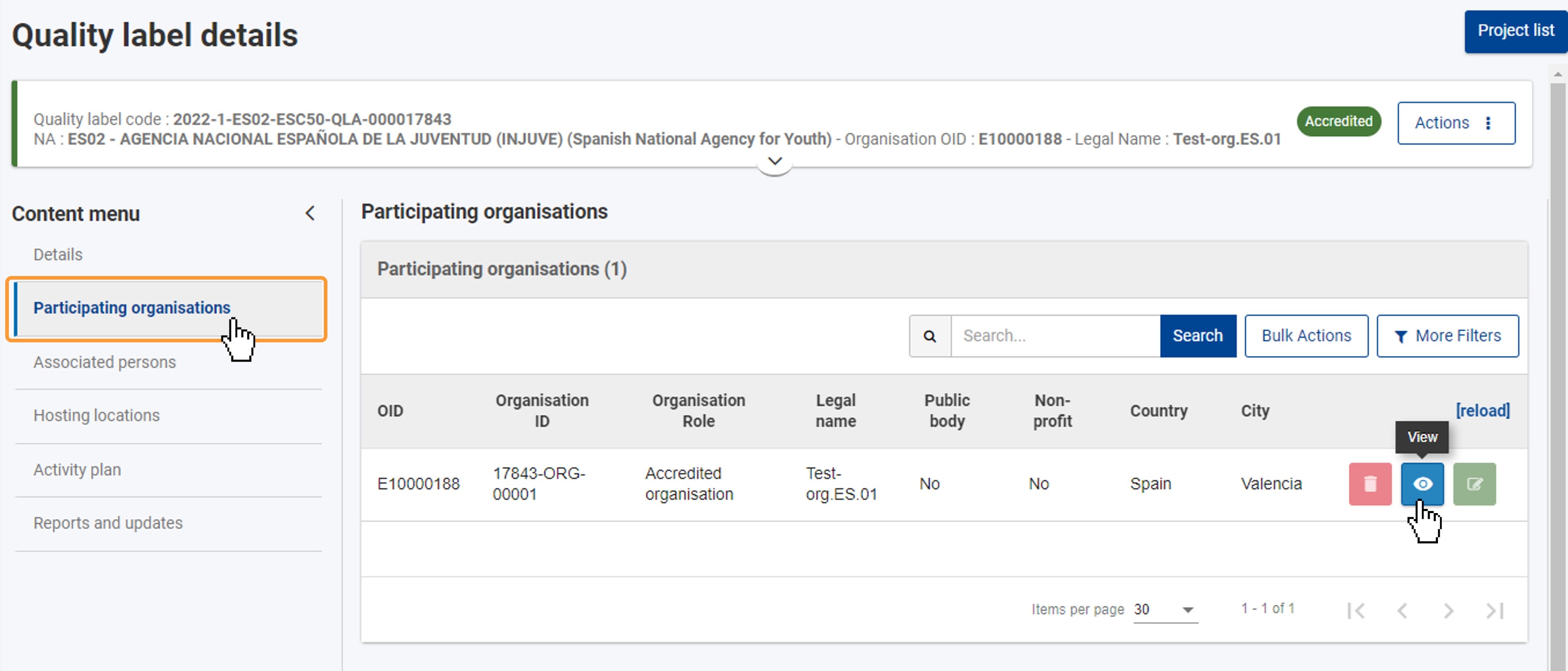 Participating organisations screen