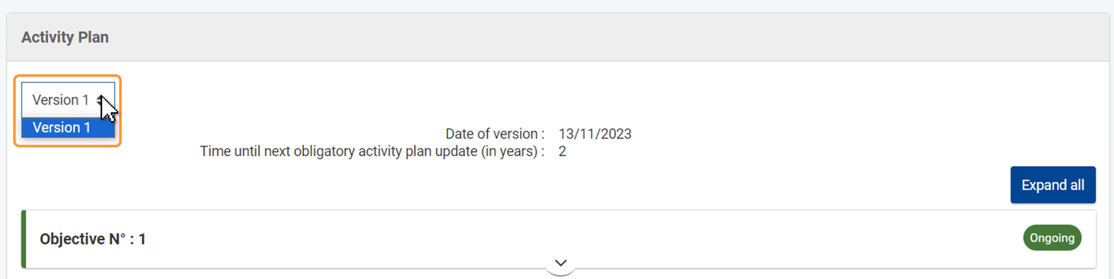 Activity plan version drop-down