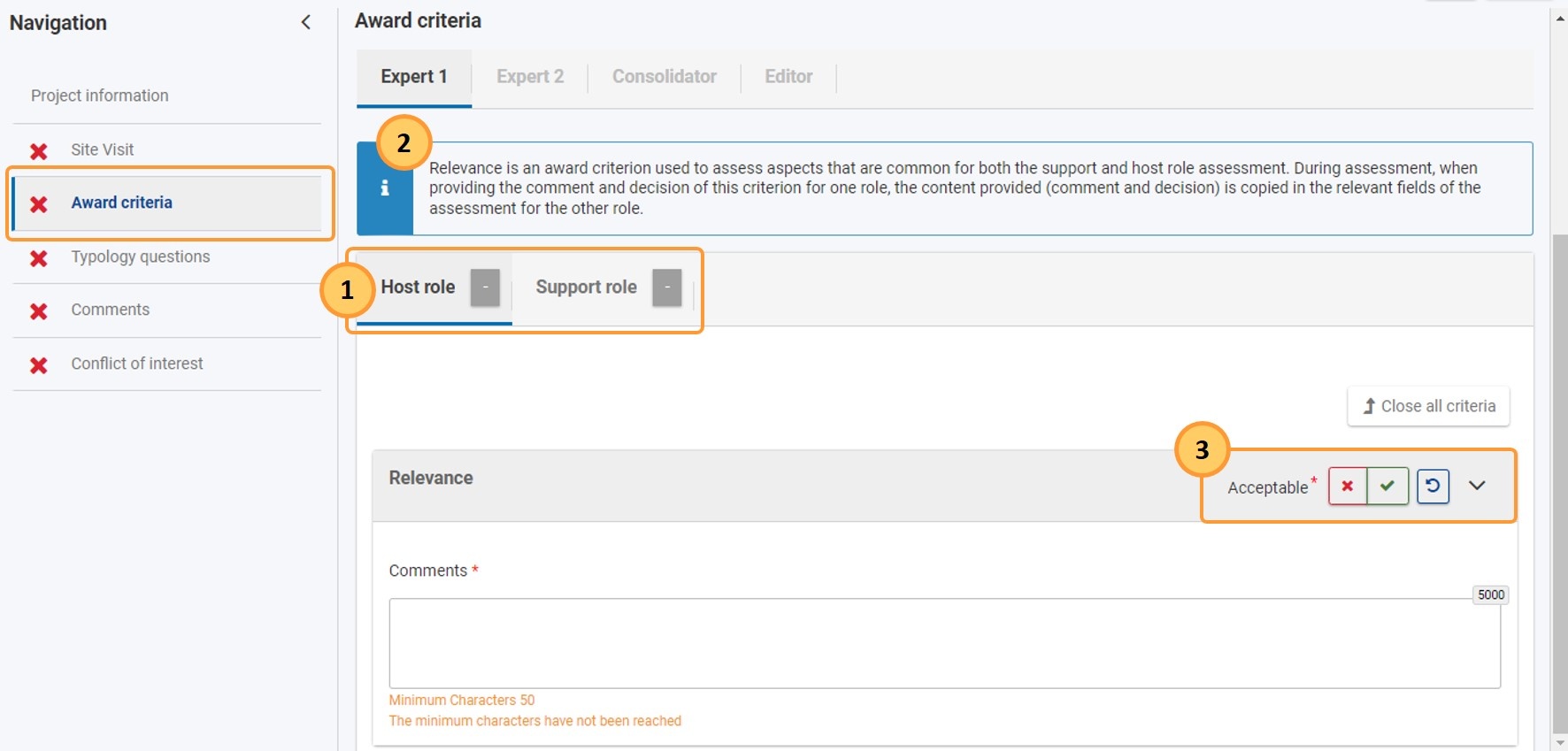 Award Criteria for host and support roles