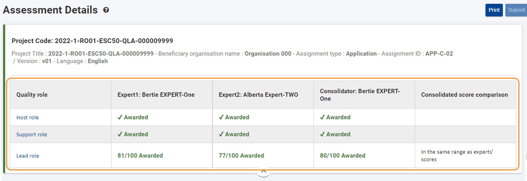 Example of header for a completed consolidation for an ESC50 - Quality Label application, all roles awarded