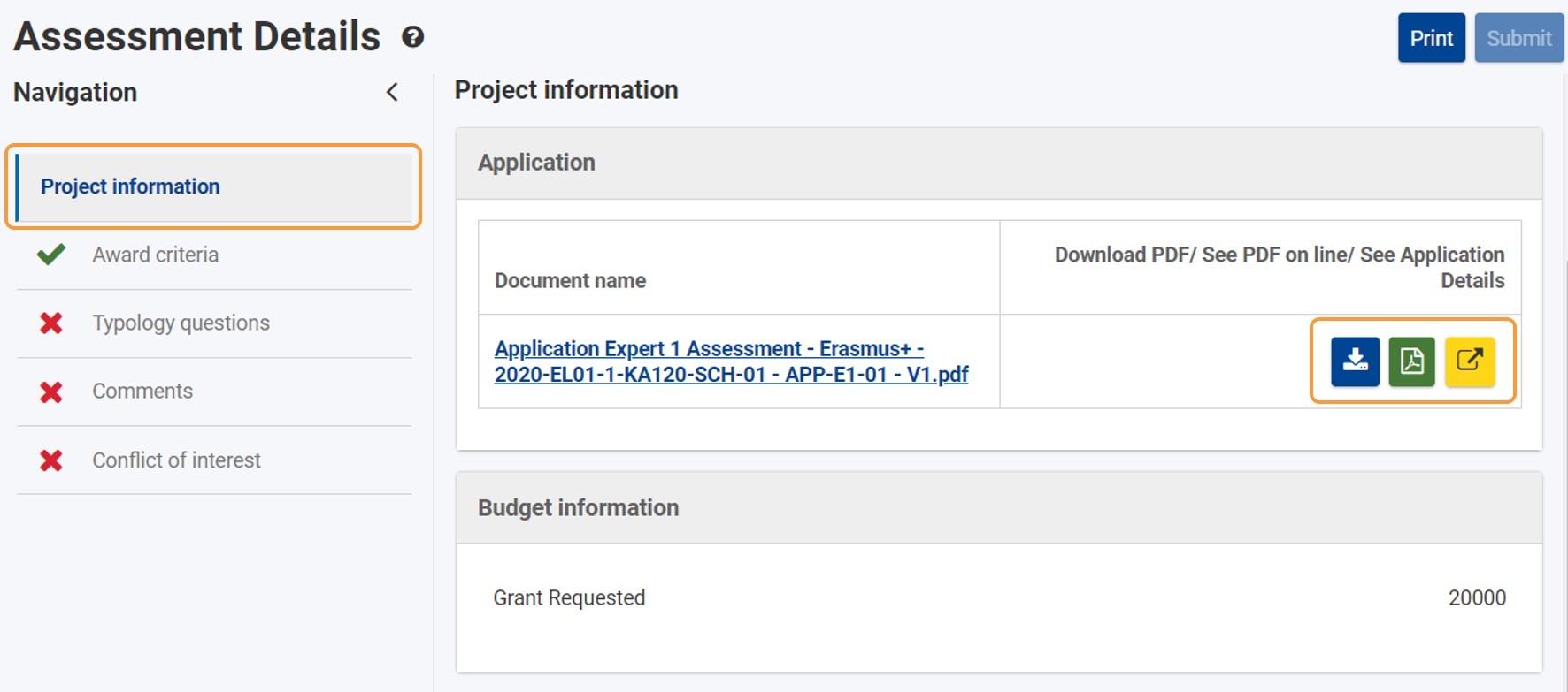 Project information section in the Assessment Details
