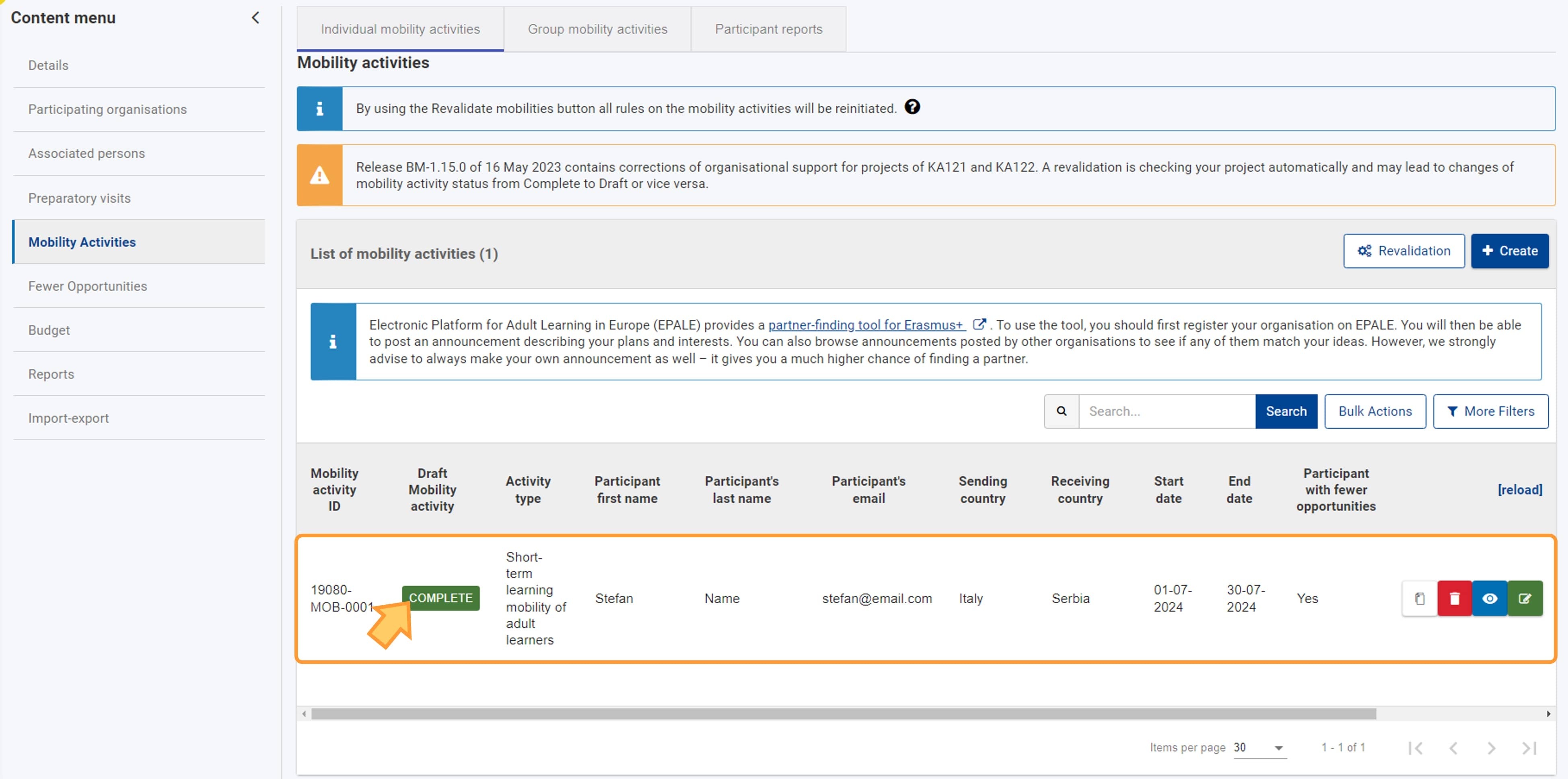 Mobility activity in status Complete displayed in the list