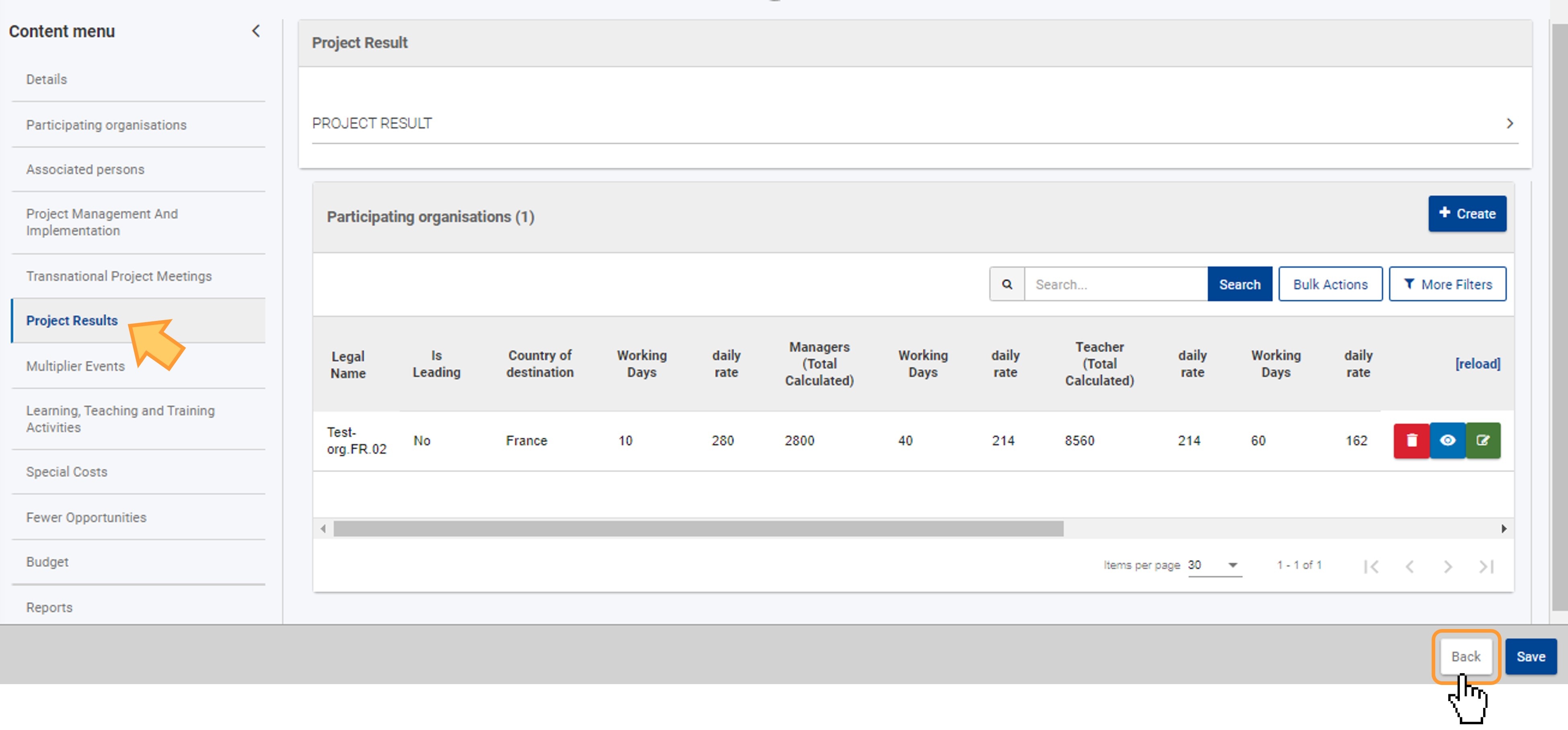 Return to the Project result list