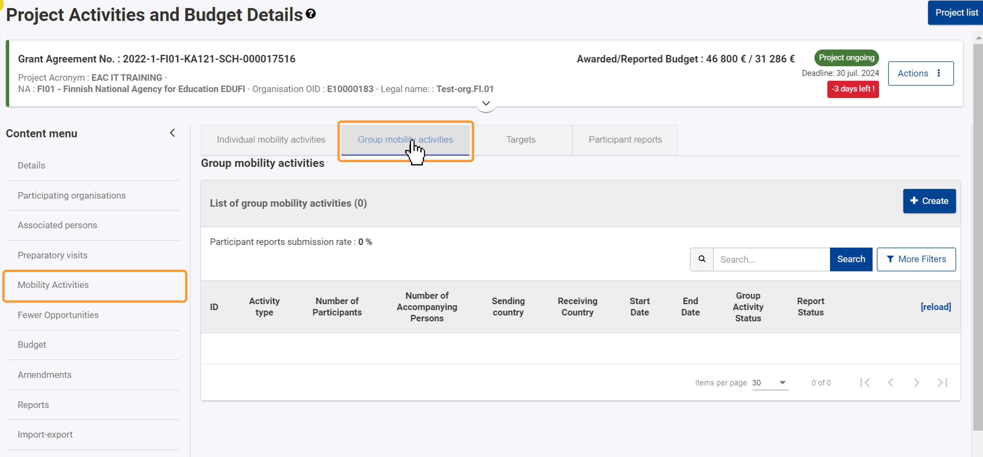 Access the Group Activities tab from Mobility Activities section