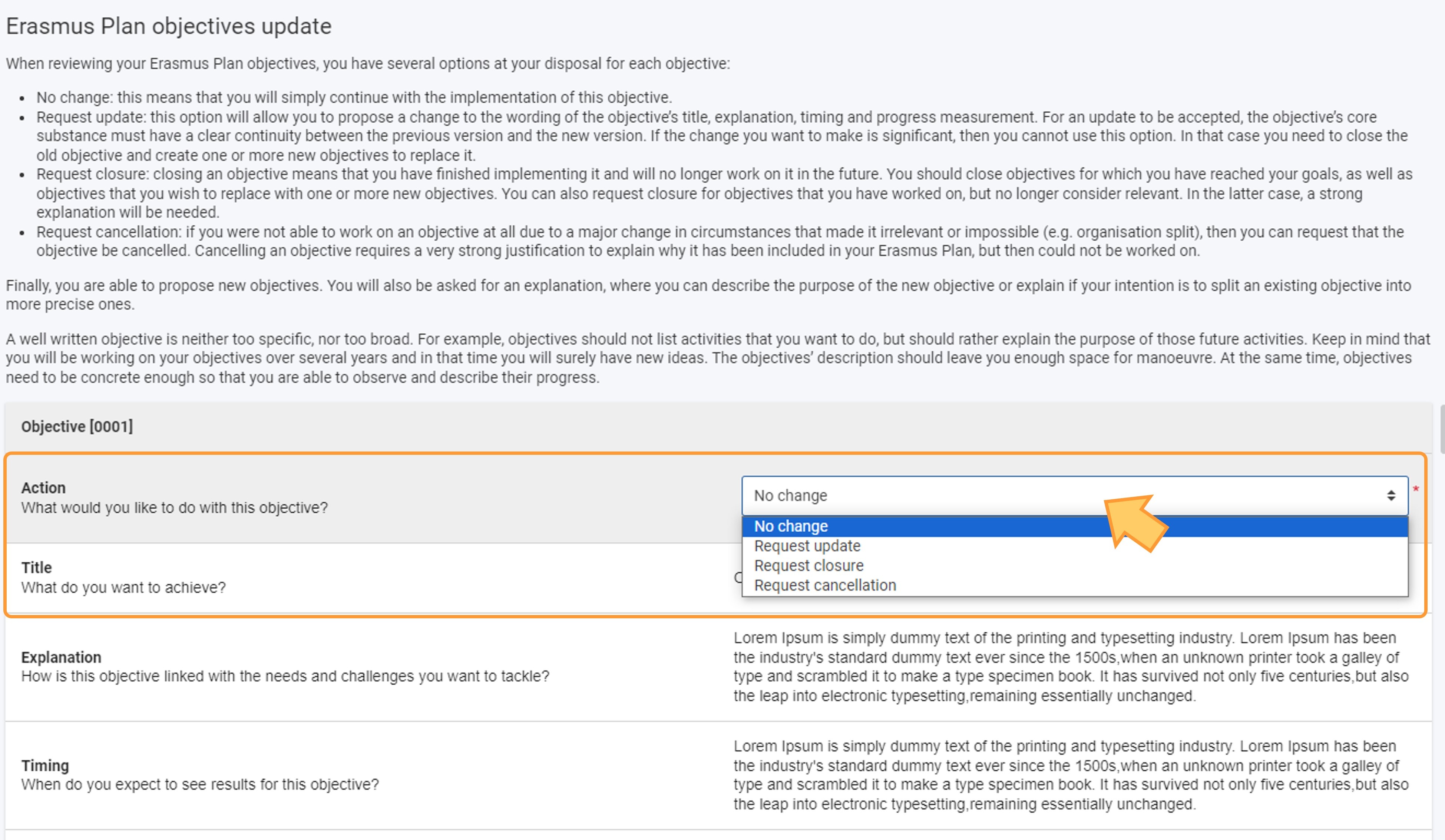 Example of Erasmus Plan objectives update screen